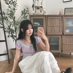 半袖Tシャツ レースリボンパフ半袖Tシャツ PURPLE