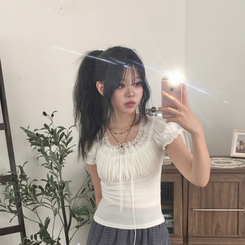 半袖Tシャツ レースリボンパフ半袖Tシャツ WHITE