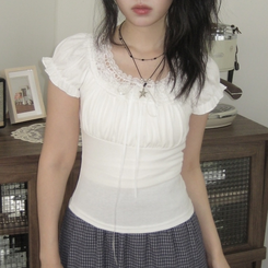 半袖Tシャツ レースリボンパフ半袖Tシャツ WHITE