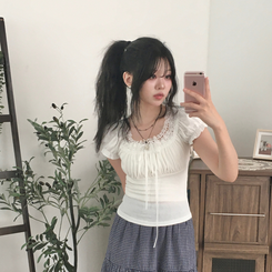 半袖Tシャツ レースリボンパフ半袖Tシャツ WHITE