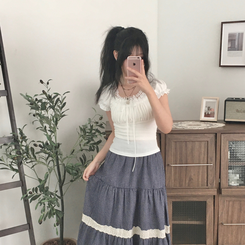 半袖Tシャツ レースリボンパフ半袖Tシャツ WHITE