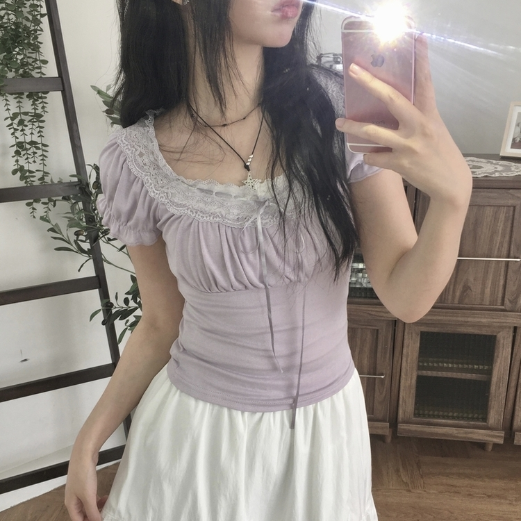 レースリボンパフ半袖Tシャツ PURPLE