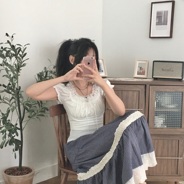 レースリボンパフ半袖Tシャツ WHITE