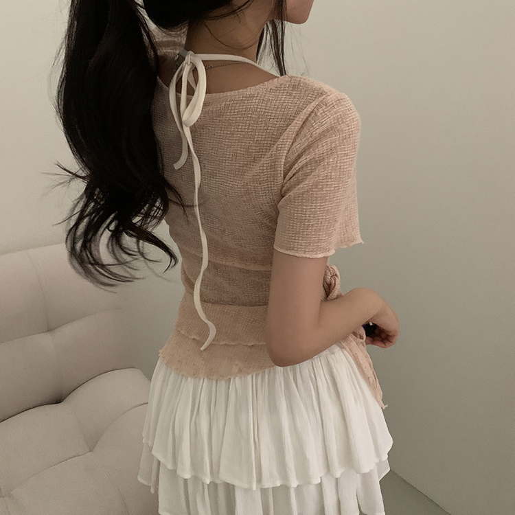 ホルターレイヤード半袖Tシャツ(6color) PINK