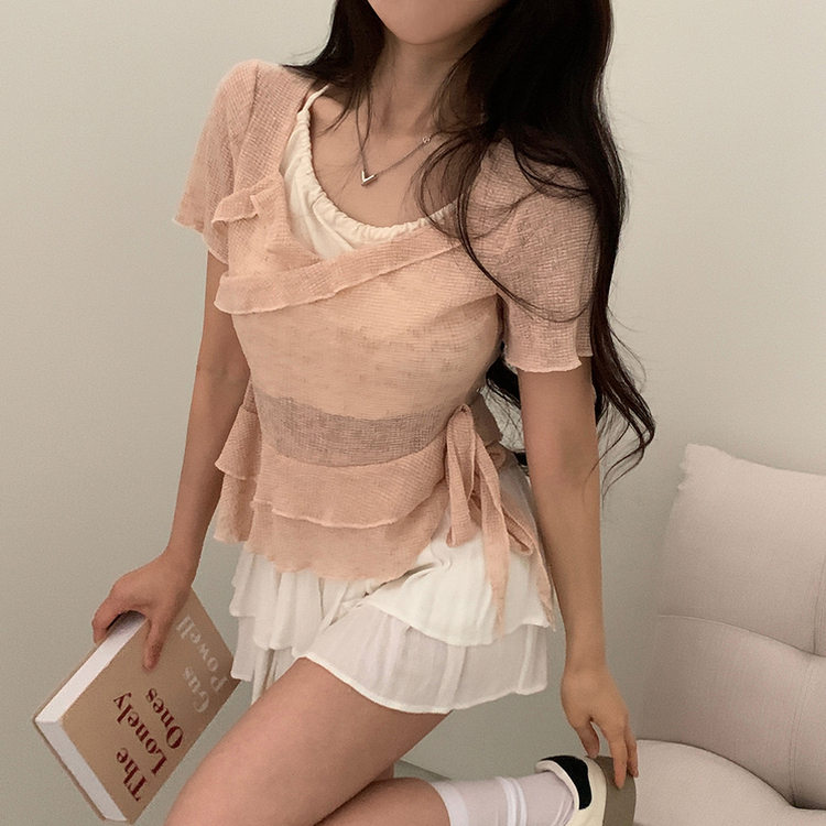 ホルターレイヤード半袖Tシャツ(6color) PINK