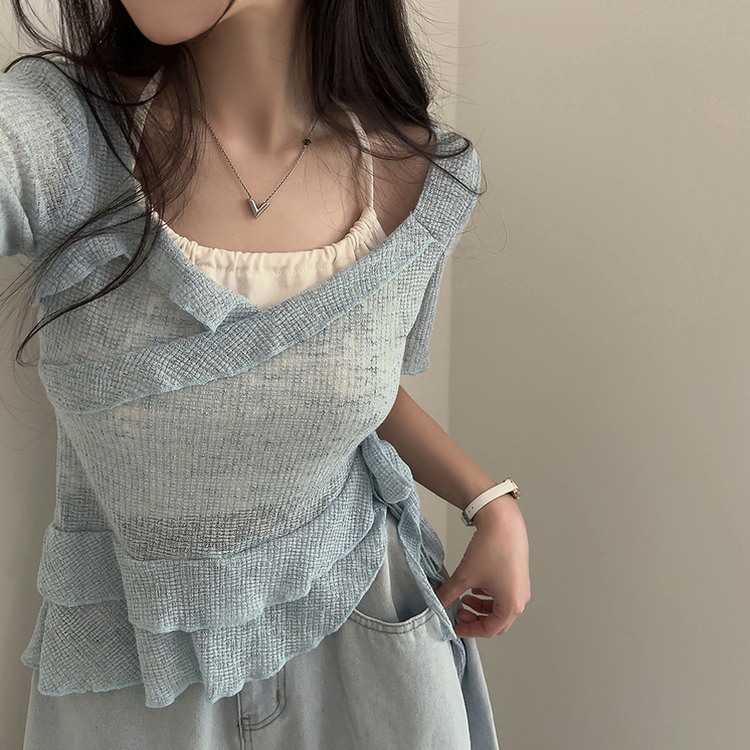 ホルターレイヤード半袖Tシャツ(6color) AQUA