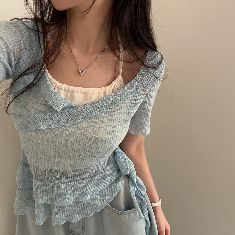 ホルターレイヤード半袖Tシャツ(6color) AQUA