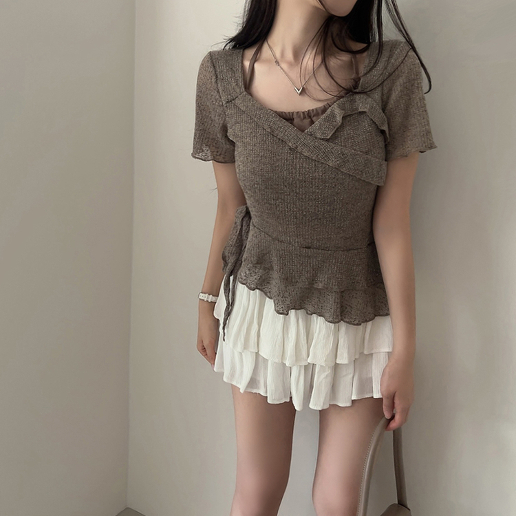 ホルターレイヤード半袖Tシャツ(6color) LIGHT BROWN