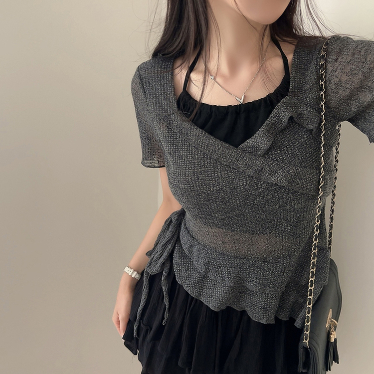 ホルターレイヤード半袖Tシャツ(6color) CHARCOAL
