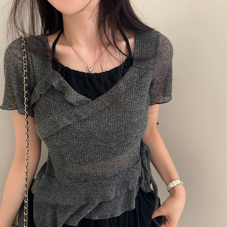 ホルターレイヤード半袖Tシャツ(6color) CHARCOAL