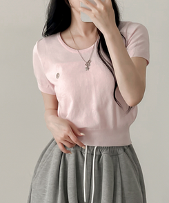 ニット ペンダントラウンドニット半袖Tシャツ(5color) PINK