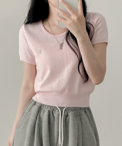 ニット ペンダントラウンドニット半袖Tシャツ(5color) PINK