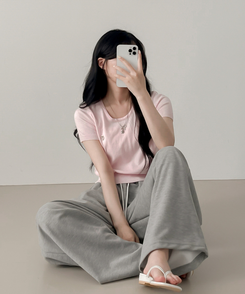 ニット ペンダントラウンドニット半袖Tシャツ(5color) PINK