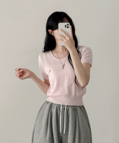 ニット ペンダントラウンドニット半袖Tシャツ(5color) PINK