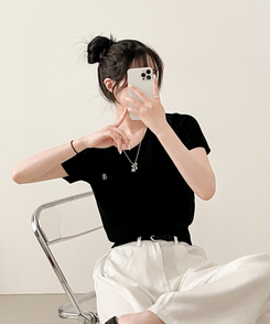 ニット ペンダントラウンドニット半袖Tシャツ(5color) BLACK
