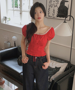 ブラウス チェリードット半袖ブラウス RED