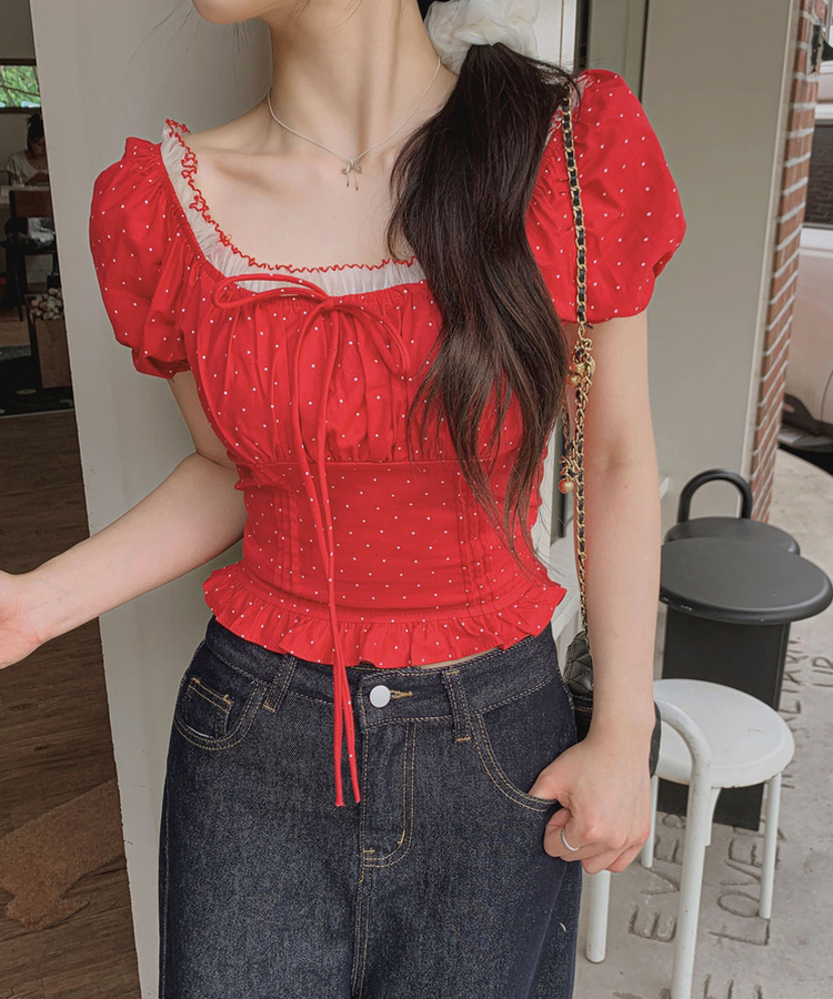 チェリードット半袖ブラウス RED