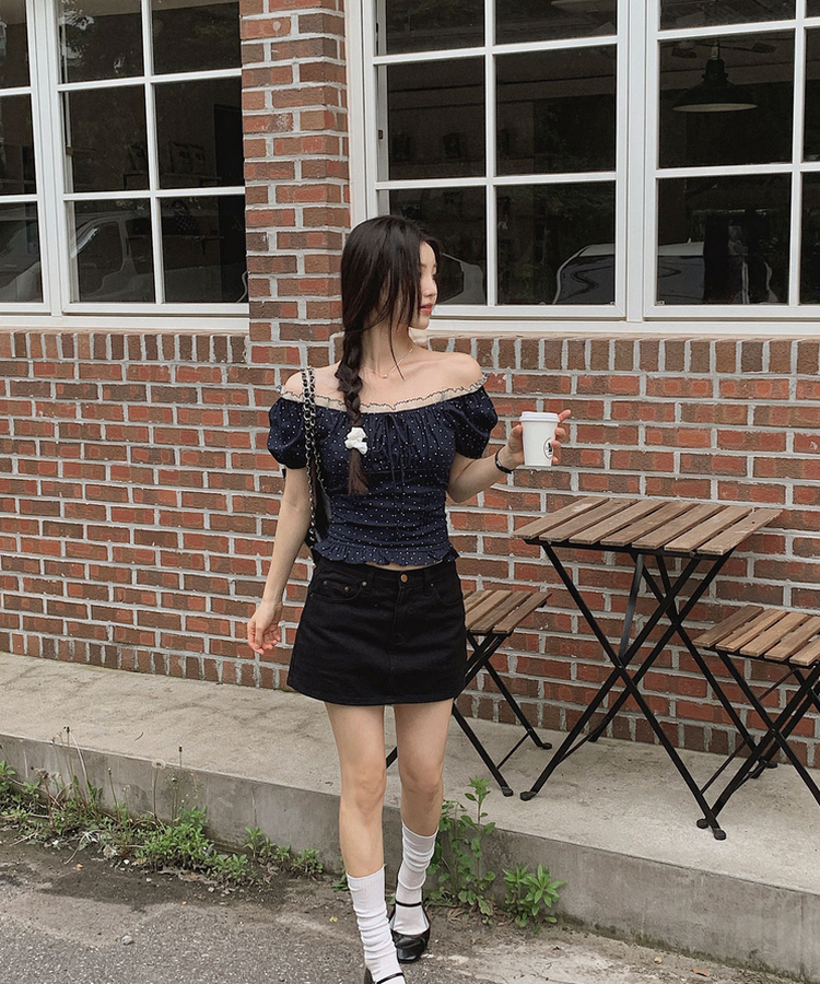 チェリードット半袖ブラウス NAVY