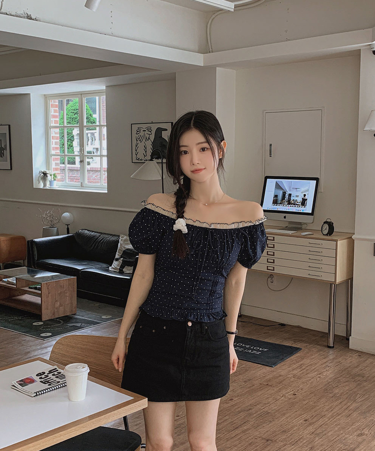 チェリードット半袖ブラウス NAVY
