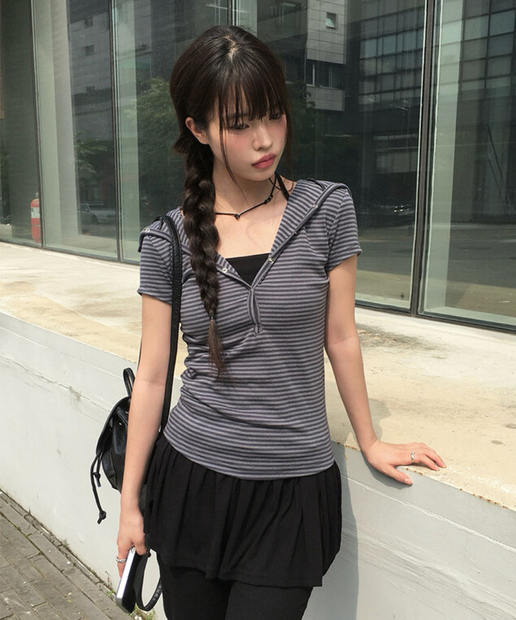 スナップフード半袖Tシャツ CHARCOAL