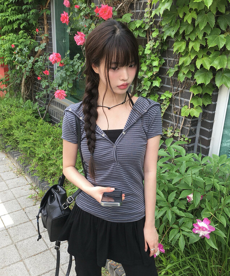 スナップフード半袖Tシャツ CHARCOAL