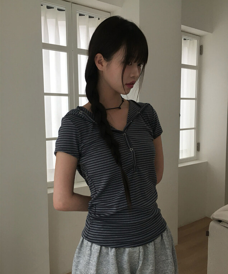 スナップフード半袖Tシャツ BLACK