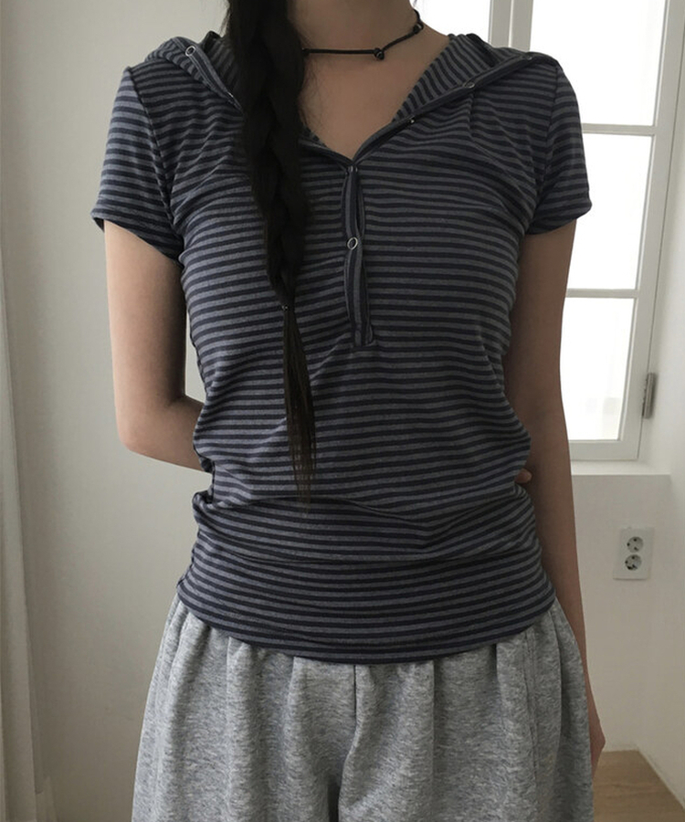 スナップフード半袖Tシャツ BLACK