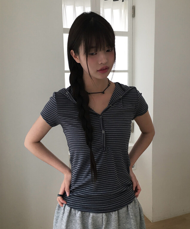 スナップフード半袖Tシャツ BLACK