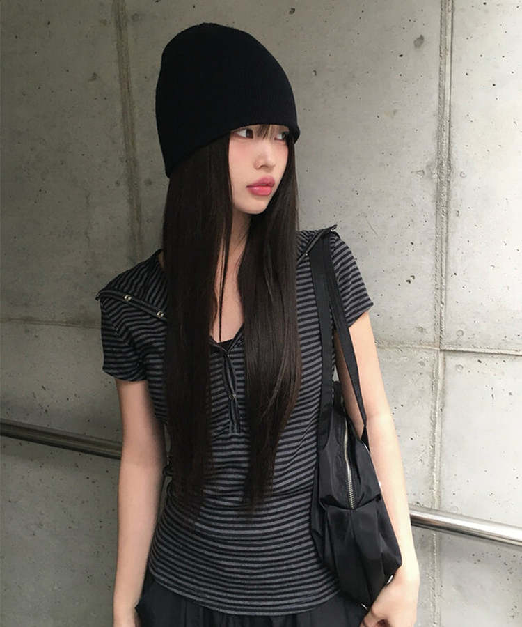 スナップフード半袖Tシャツ BLACK