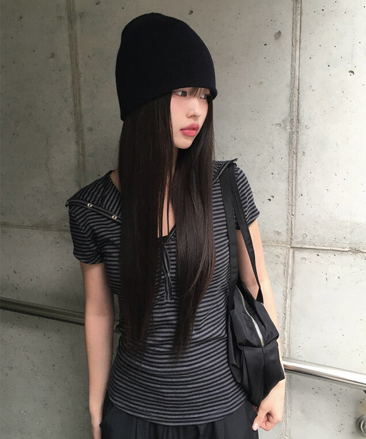 スナップフード半袖Tシャツ BLACK