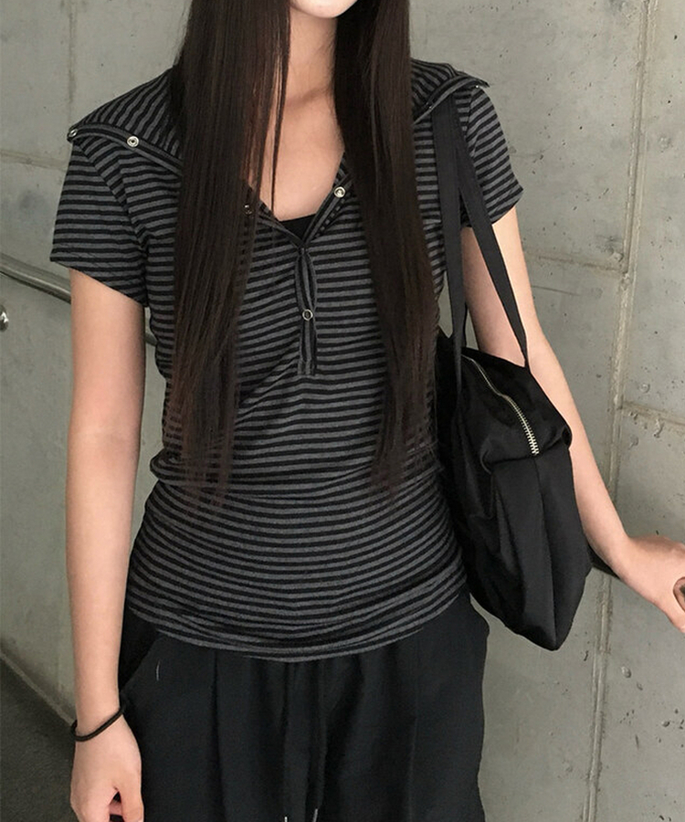 スナップフード半袖Tシャツ BLACK