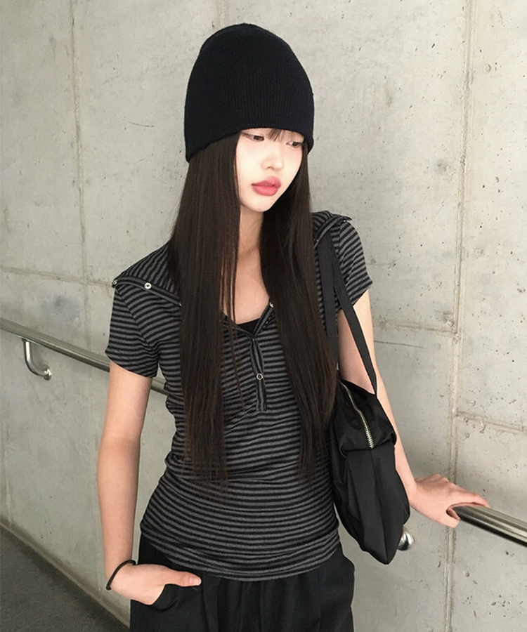 スナップフード半袖Tシャツ BLACK