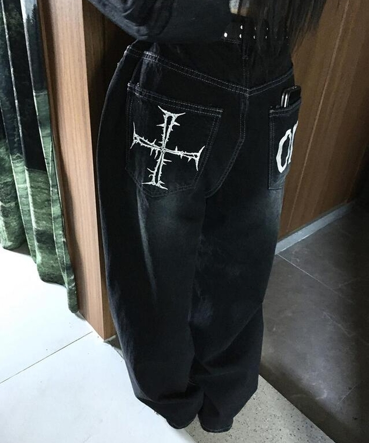 刺繍ダメージデニムパンツ BLACK