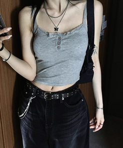 ノースリーブ 【カップ付き】レースクロップキャミソール GREY