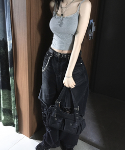 ノースリーブ 【カップ付き】レースクロップキャミソール GREY