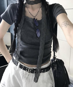 【マフラー付き】レース半袖Tシャツ DEEP GRAY