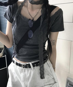 【マフラー付き】レース半袖Tシャツ DEEP GRAY