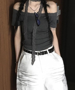 【マフラー付き】レース半袖Tシャツ DEEP GRAY