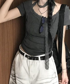 【マフラー付き】レース半袖Tシャツ DEEP GRAY