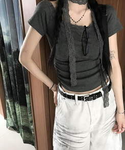 【マフラー付き】レース半袖Tシャツ DEEP GRAY