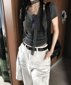 【マフラー付き】レース半袖Tシャツ DEEP GRAY