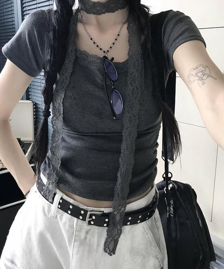 【マフラー付き】レース半袖Tシャツ DEEP GRAY