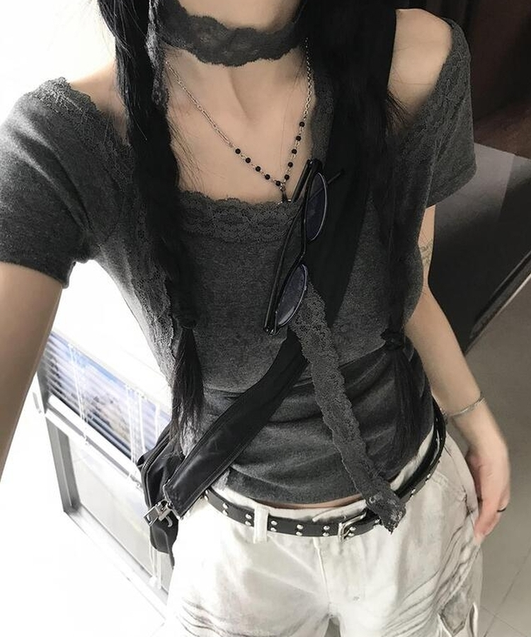 【マフラー付き】レース半袖Tシャツ DEEP GRAY