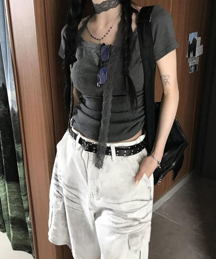 【マフラー付き】レース半袖Tシャツ DEEP GRAY