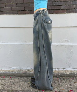 デニム 【丈別】サイドカットウォッシングデニムパンツ BLUE
