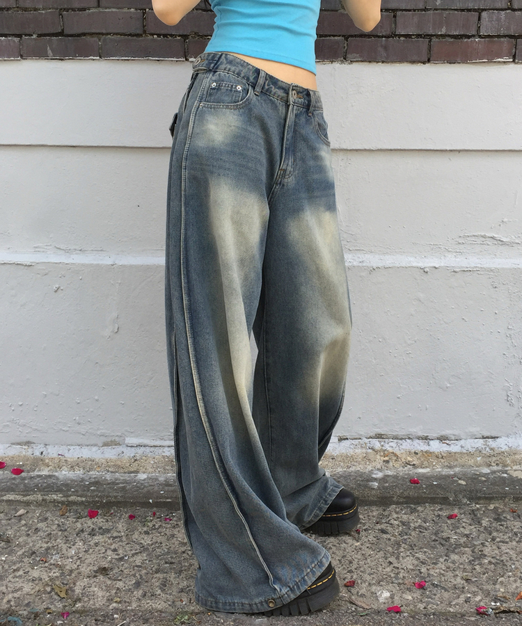 【丈別】サイドカットウォッシングデニムパンツ BLUE