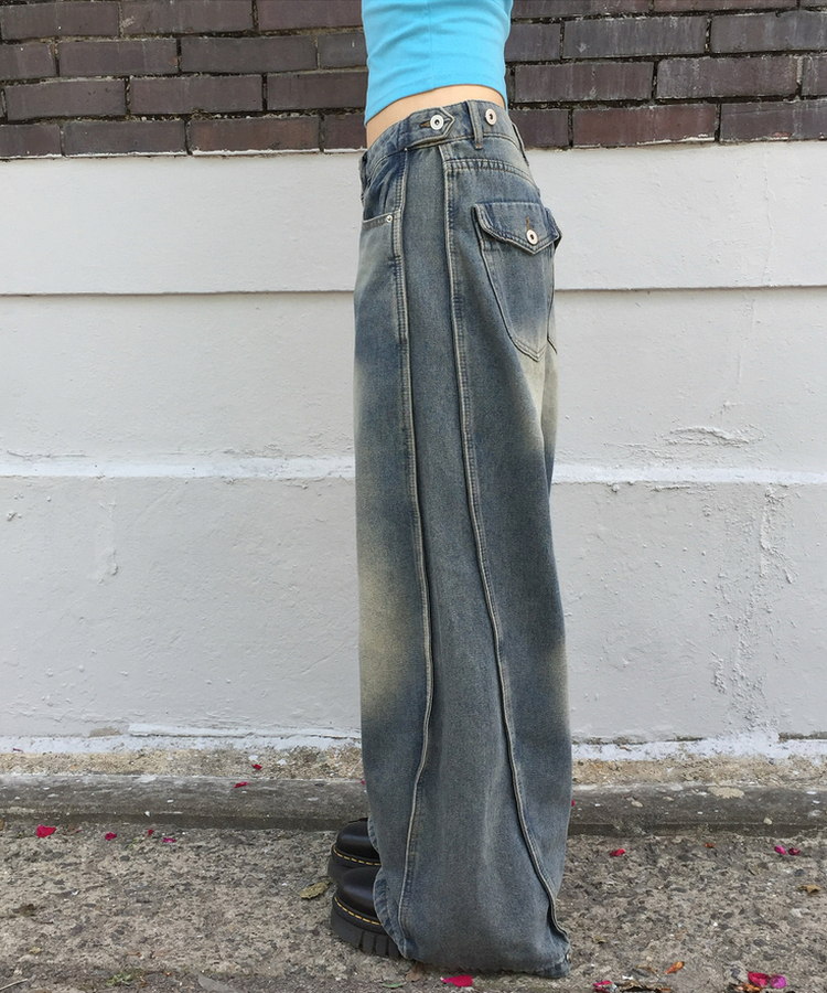 【丈別】サイドカットウォッシングデニムパンツ BLUE