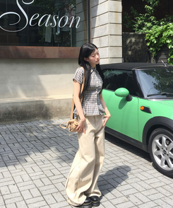 シャツ スリムピンタックチェック半袖シャツ BEIGE
