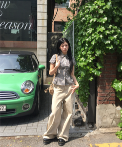 シャツ スリムピンタックチェック半袖シャツ BEIGE