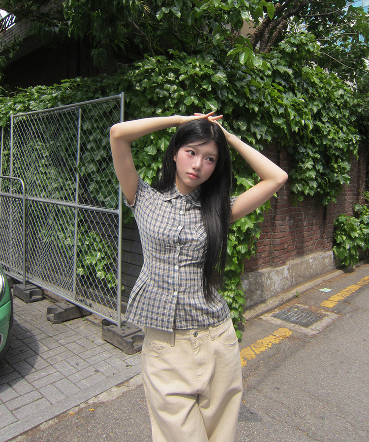 シャツ スリムピンタックチェック半袖シャツ BEIGE